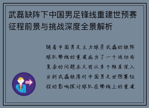 武磊缺阵下中国男足锋线重建世预赛征程前景与挑战深度全景解析